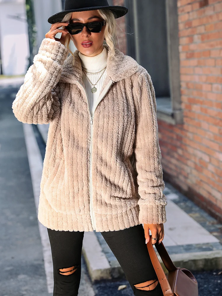 Women's Jacket Lapel Collar Striped Zipper Long Sleeve Solid Fleece Jacket