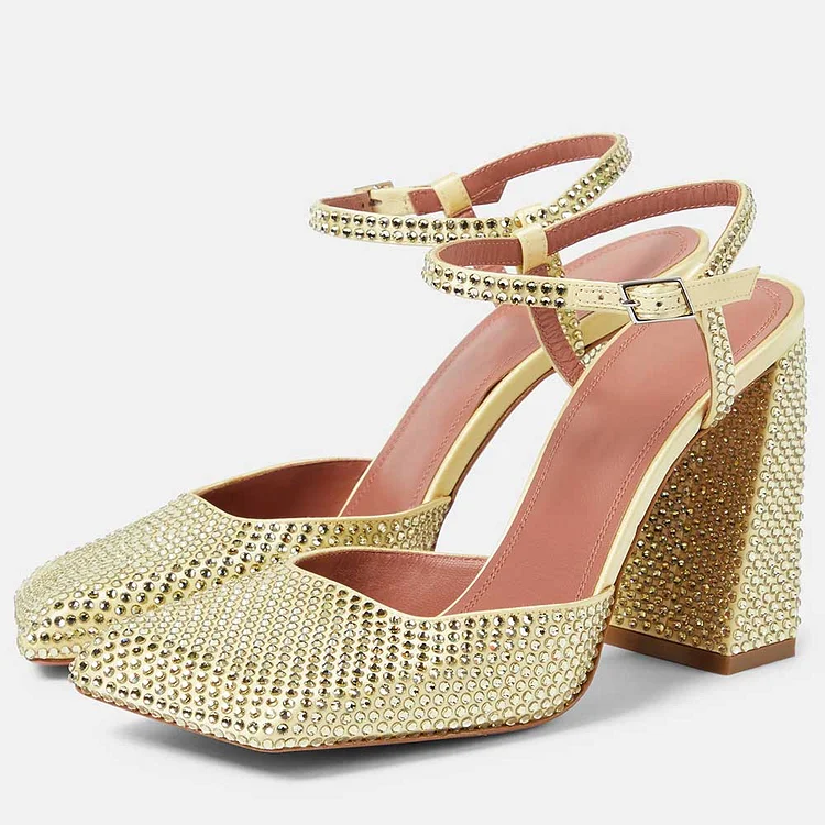 Gold Satin Square Toe Ankle Strap Rhinestone Block Heel Pumps |FSJ Shoes