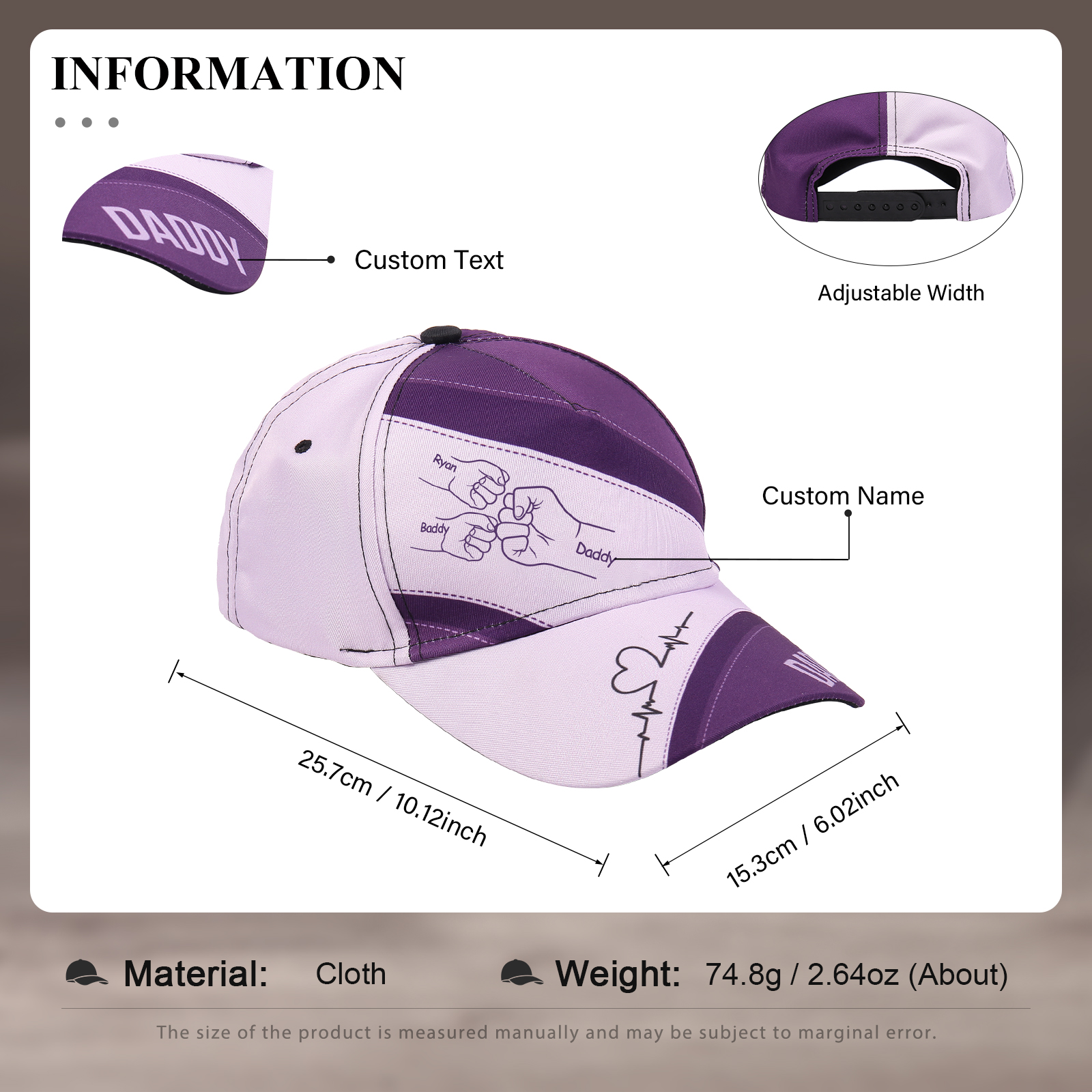 Personalised Fist Bump Classical Baseball Cap Custom 3 Names & 1 Text Snapback Adjustable Gift for Dad/Grandpa/Husband-Jessemade AU