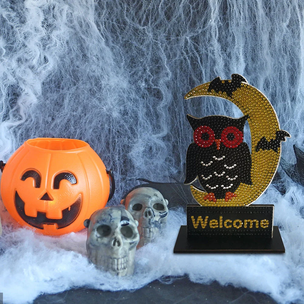Halloween Wooden Spot Diamond Decoration Moon Owl (Single-sided Crystal Diamond)
