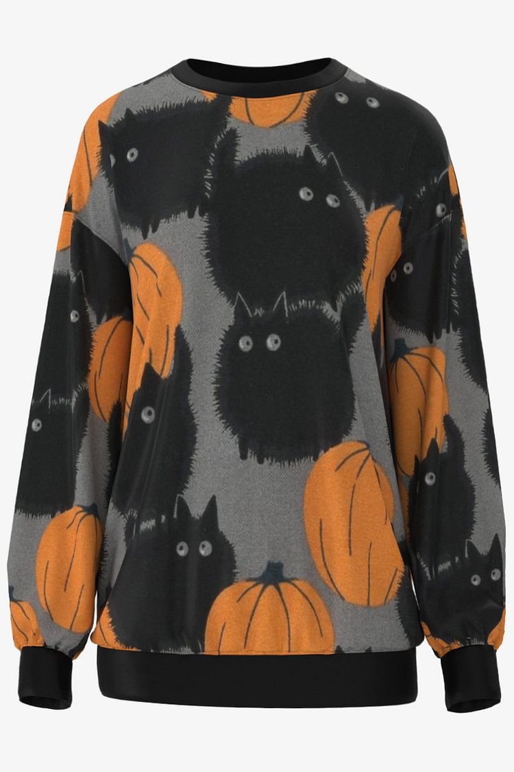 Plus Size Halloween Black Animal Pumpkin Print Rib Knit Sleeve Sweatshirt