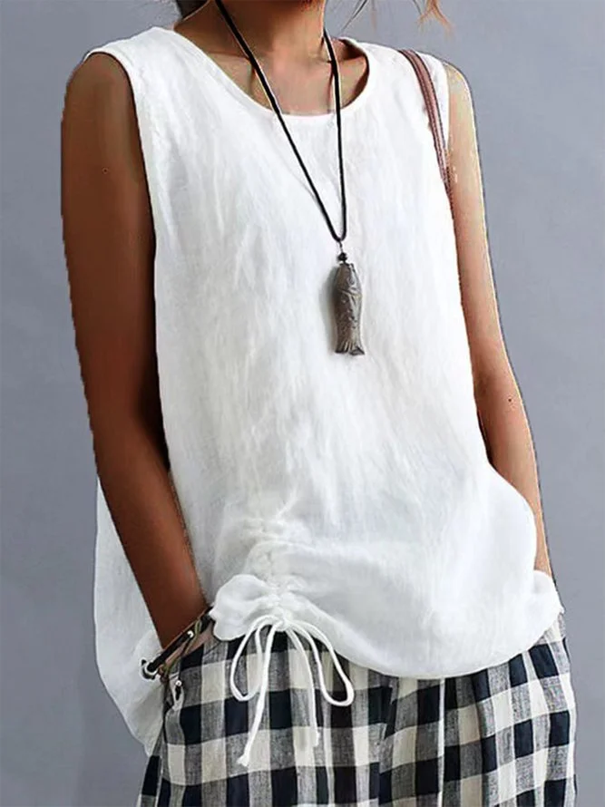 Women Loose Drawstring Side Ruched Summer Plain Sleeveless Cotton Linen Tank Top Cami Top