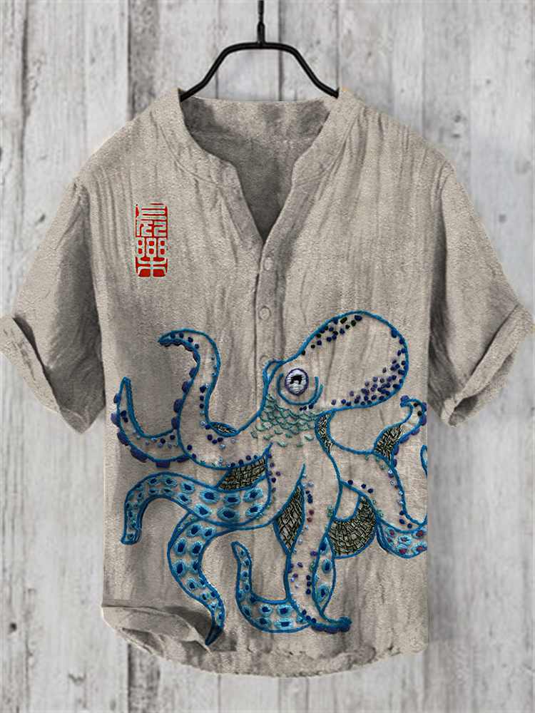 Comstylish Japanese Octopus Art Linen Blend Shirt