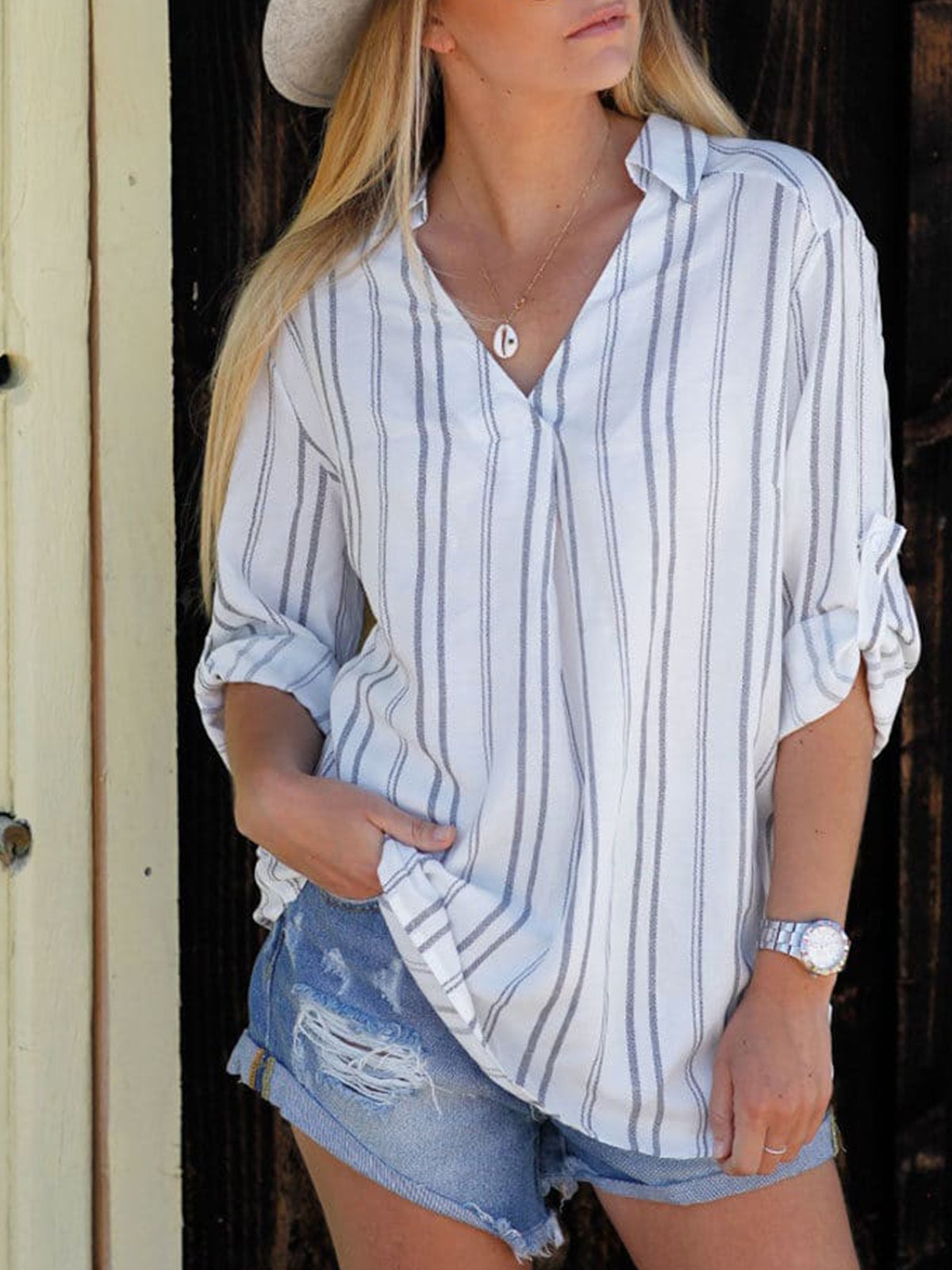 White V Neck Long Sleeve Shirts & Tops