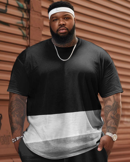 Men's Large Size Black and Gray Patchwork T-shirt & Shorts Two-piece Set