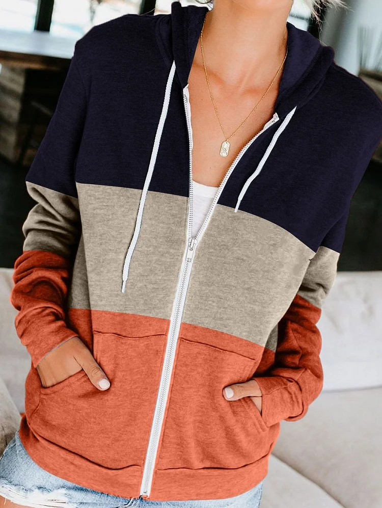 Womens Color Block Hoodie Zipper Lace Hooded Sweatshirt