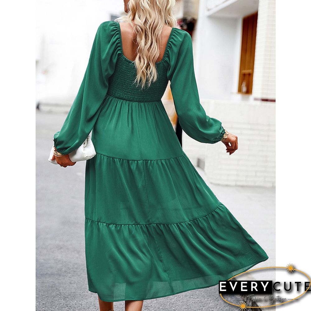 Green Solid Square Neck Pocket Long Sleeve Dress