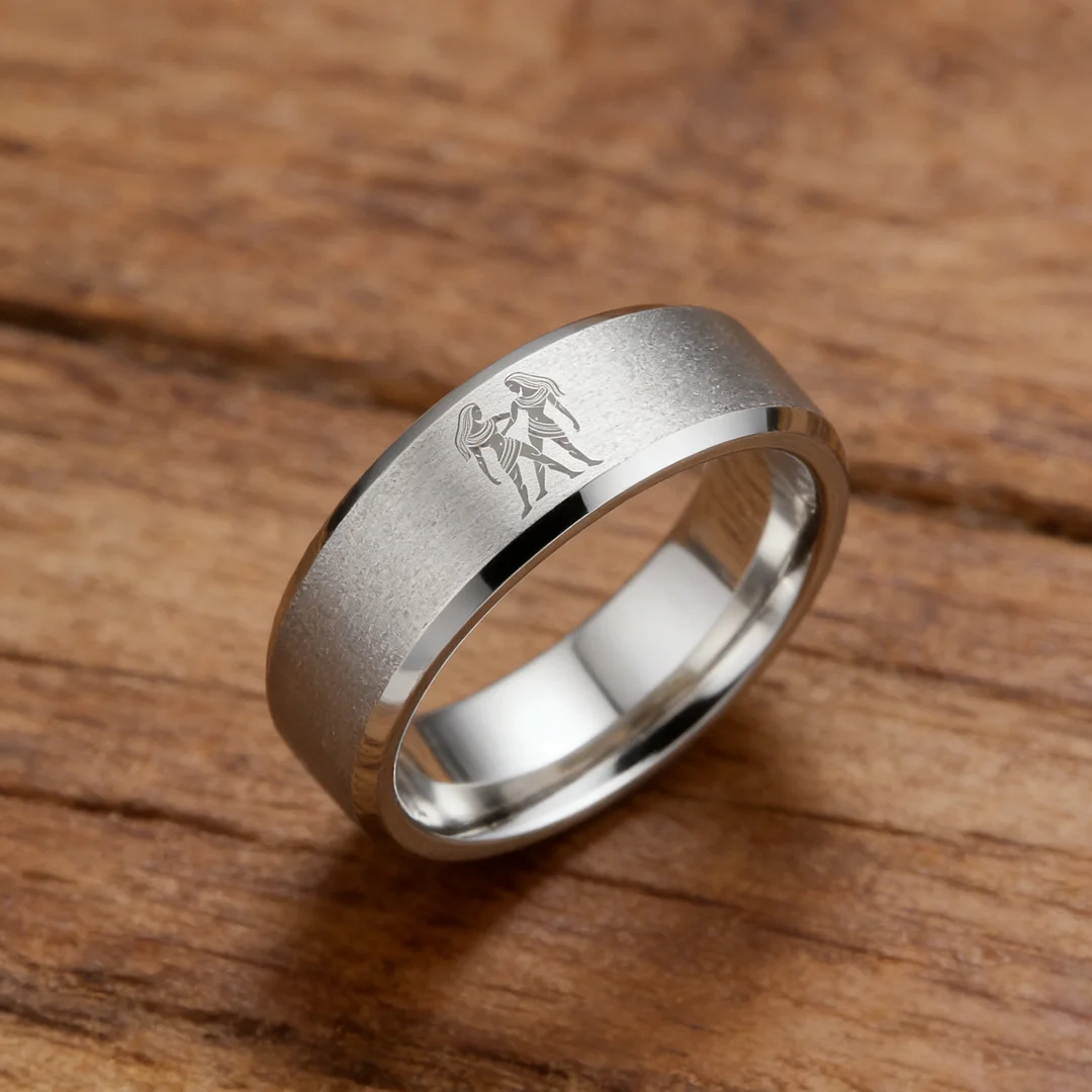 Sliver Laser Etched Couple Wedding Bands Sliver Gemini Tungsten Carbide Ring Beveled Edges 4MM 6MM 8MM Width