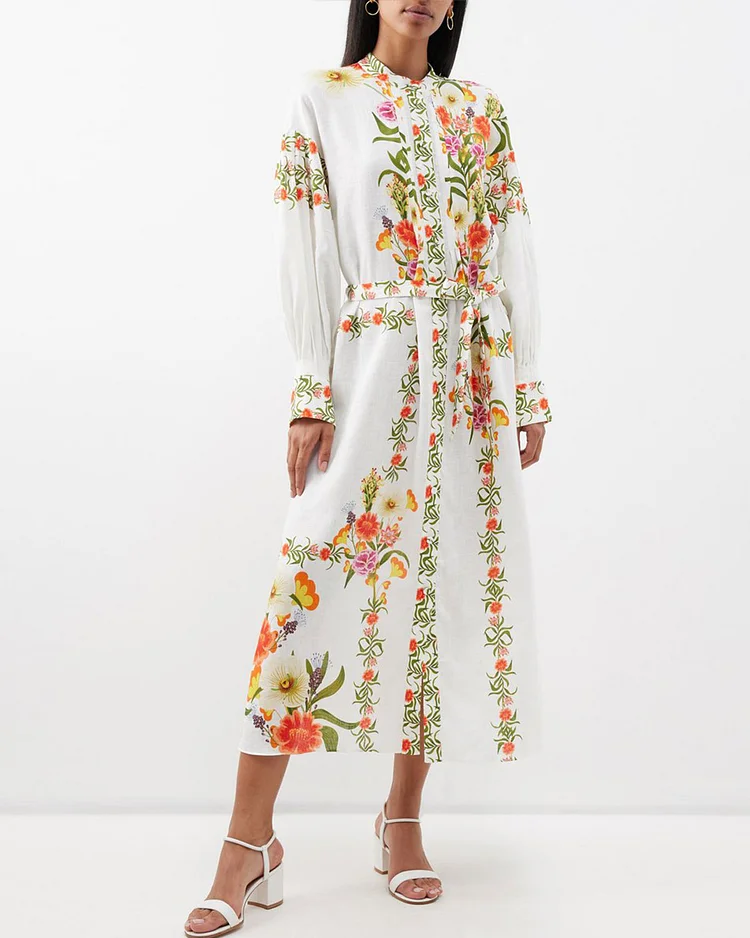  Floral-Print Cotton-Blend Midi Shirt Dress