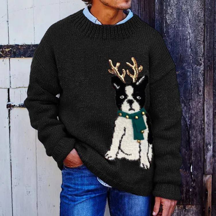 Men's Boston Terrier Christmas Reindeer Applique Art Crew Neck Cozy Sweater
