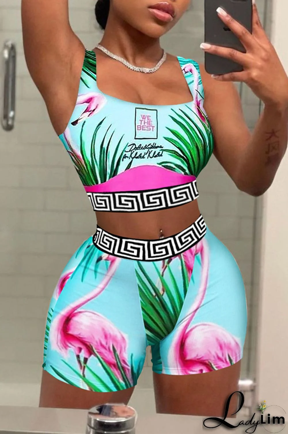 Blue Pink Sexy Casual Print Patchwork U Neck Sleeveless Two Pieces