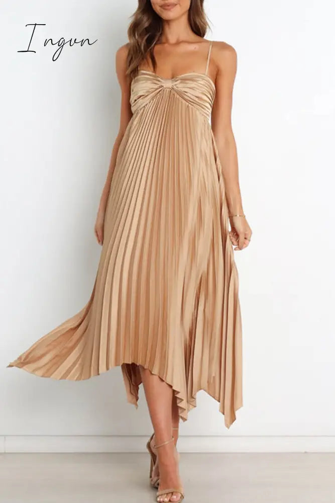 Ingvn - Sexy Elegant Solid Fold V Neck Irregular Dress Dresses Khaki / S Dresses/Summer