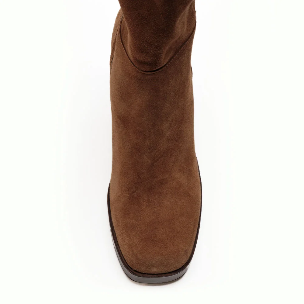 Brown Square Toe Chunky Heel Platform Over the Knee Boots with Zipper