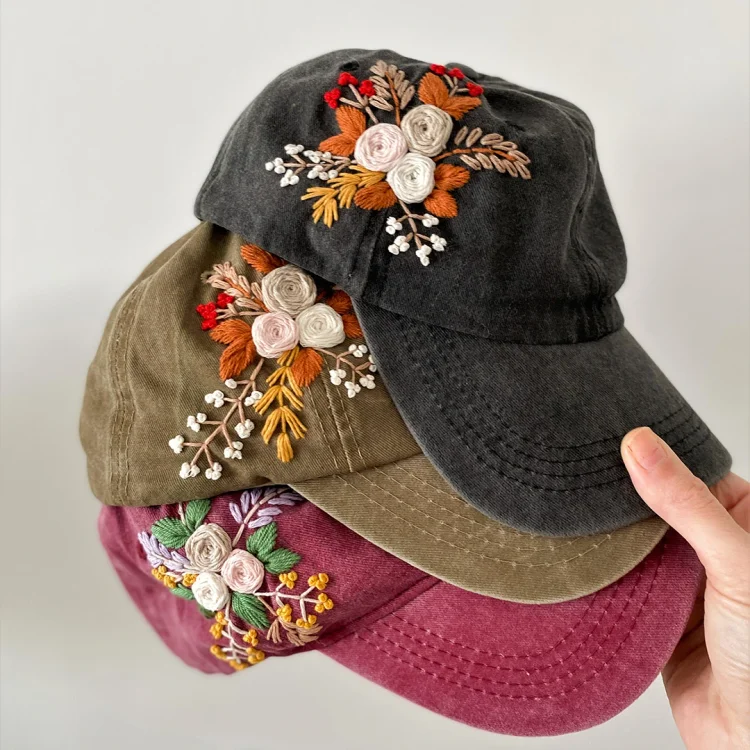 100% Hand Embroidered Flower Baseball Cap, Custom Embroidered Denim Hat,  Summer Cap, Wild Flower Cap