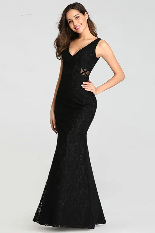 Sexy V-Neck Black Lace Long Mermaid Evening Prom Dress Online
