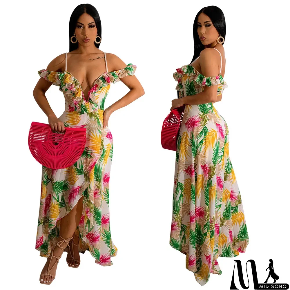 MidiSono - Sexy v-neck sling irregular print summer fashion dress