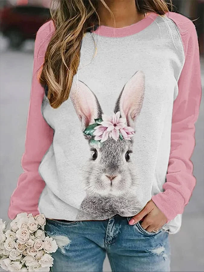 Fashion Crew Neck Long Sleeve Easter Rabbit Print Sweatshirt socialshop