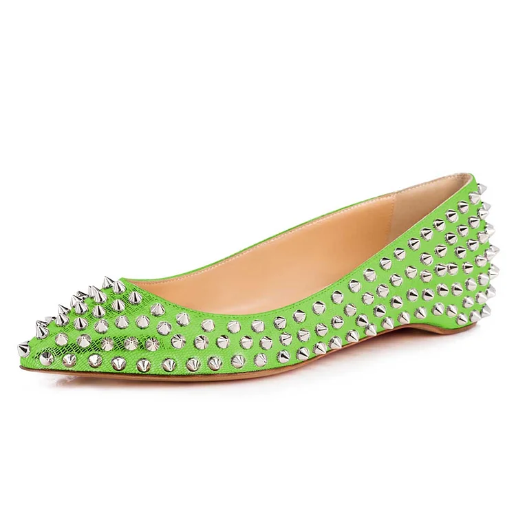 Green Pointy Toe Flats Python Comfortable Shoes with Rivets |FSJ Shoes