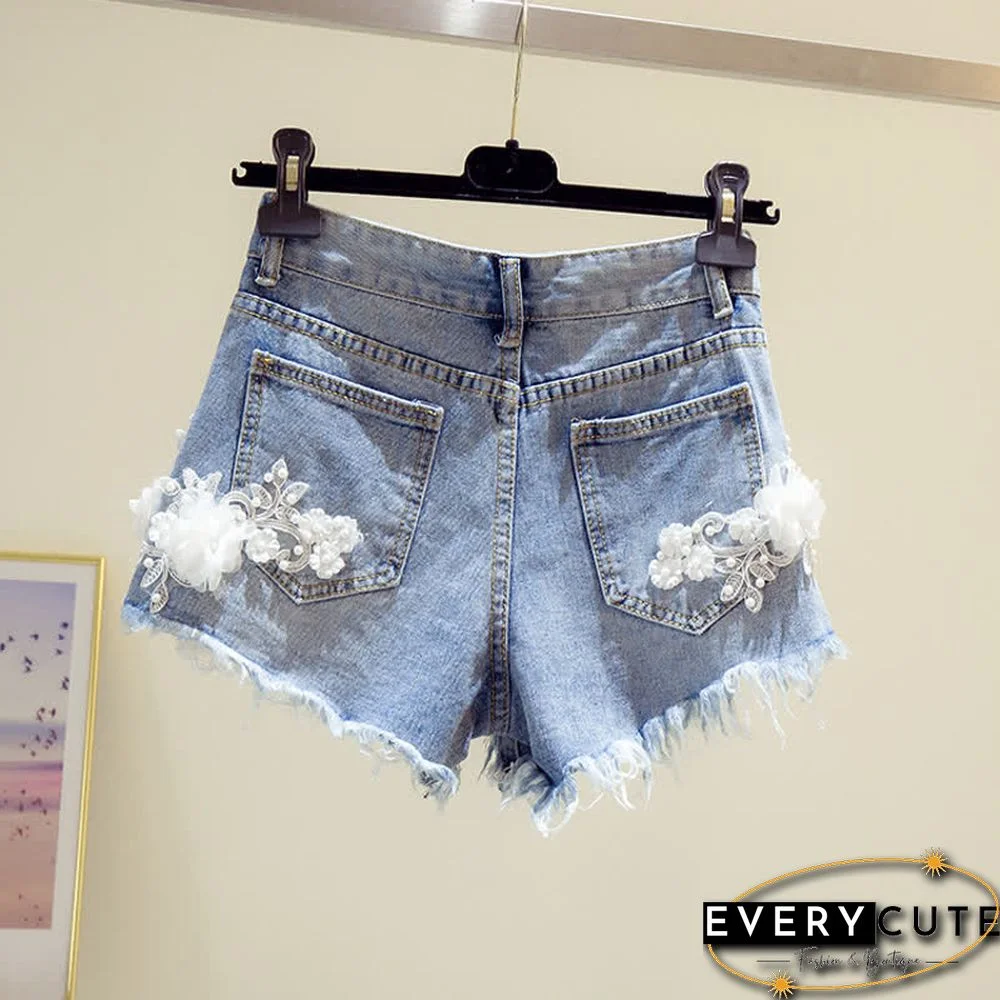 Blossom Embroidery Lace Denim Shorts