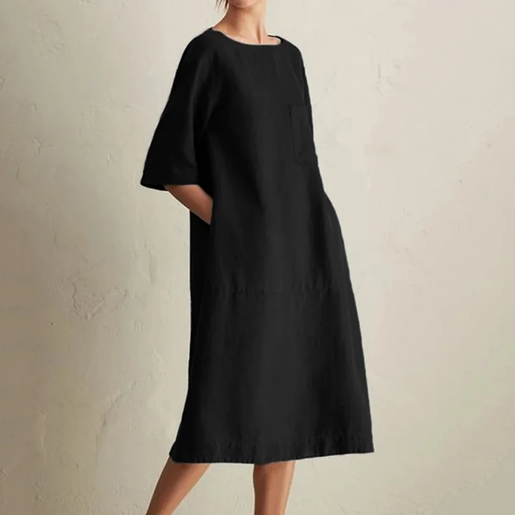 Vintage Plain Pocket Round Neck Short Sleeve Midi Dress