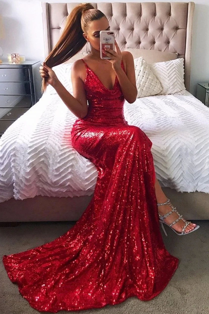 Backless Sequins Red Prom Dress PD044