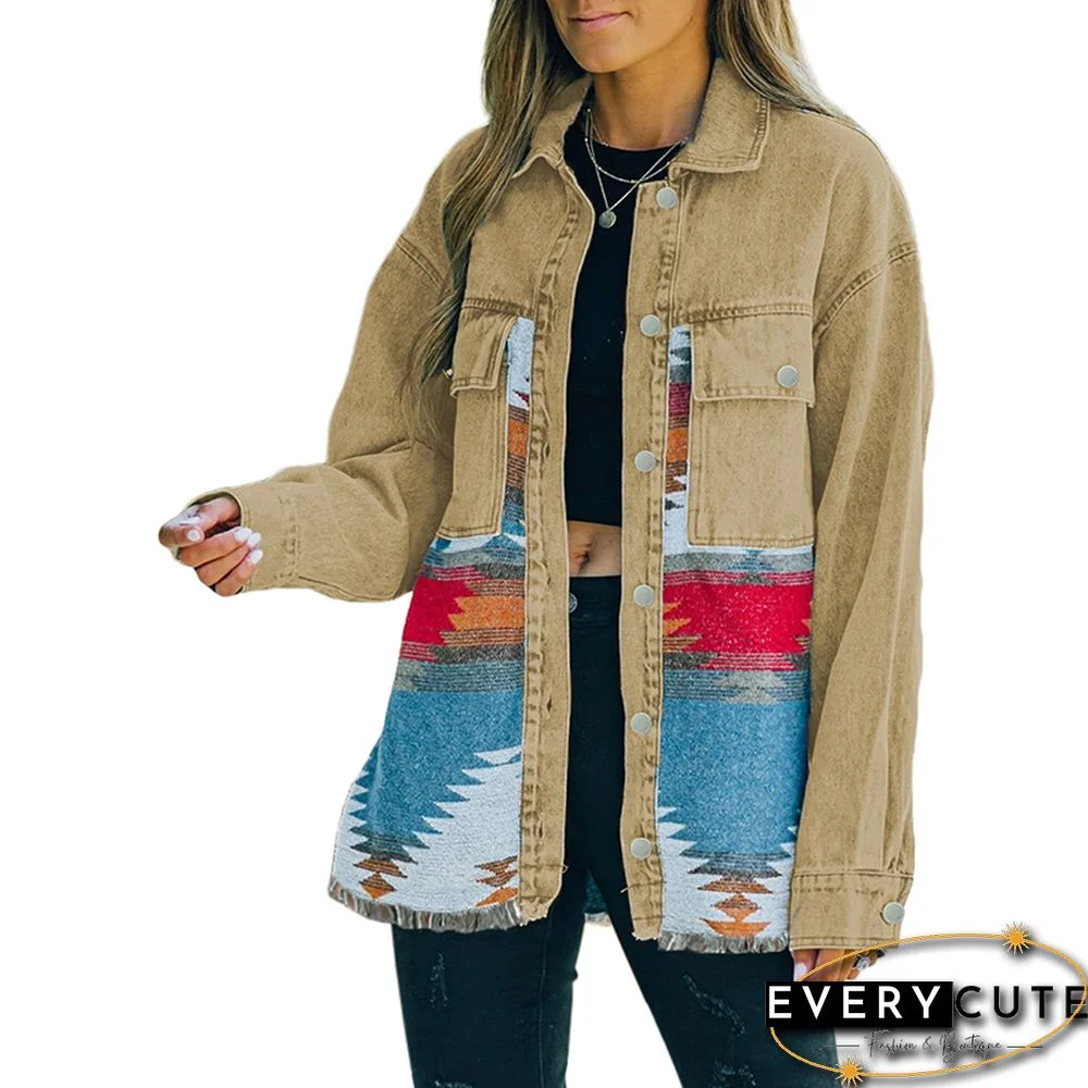 Aztec Print Contrast Lapel Pocket Denim Jacket in Khaki