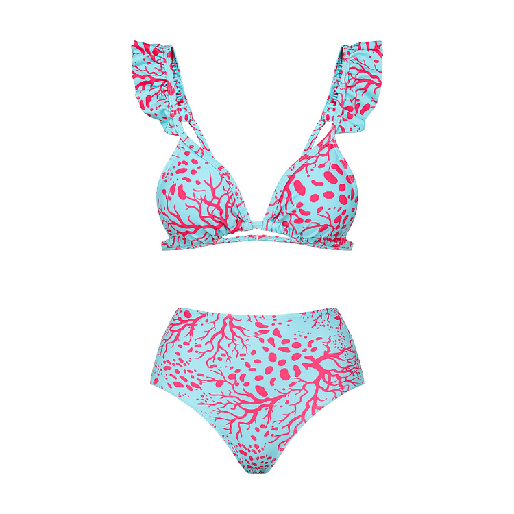 Ruffle Straps Coral Print Bikini Swimsuit and Pants Flaxmaker 