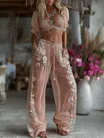 Women's Spring Floral Roses Embroidered Art Print Flowy Linen Blend Casual Pants - Image 3