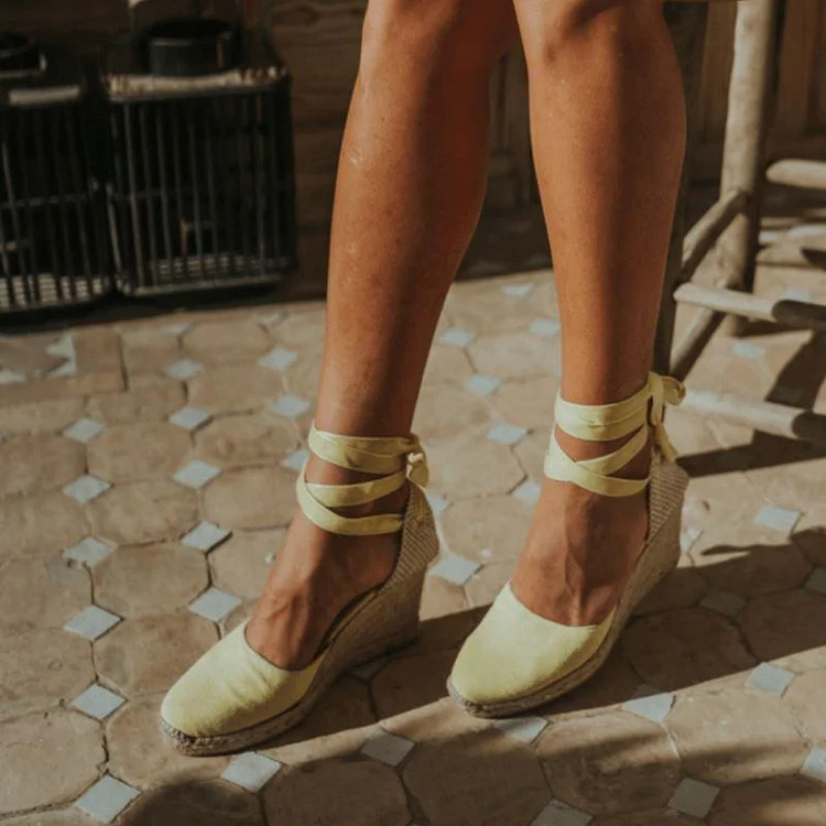 Yellow Espadrille Wedges Platform Strappy Ankle Strap Sandals |FSJ Shoes