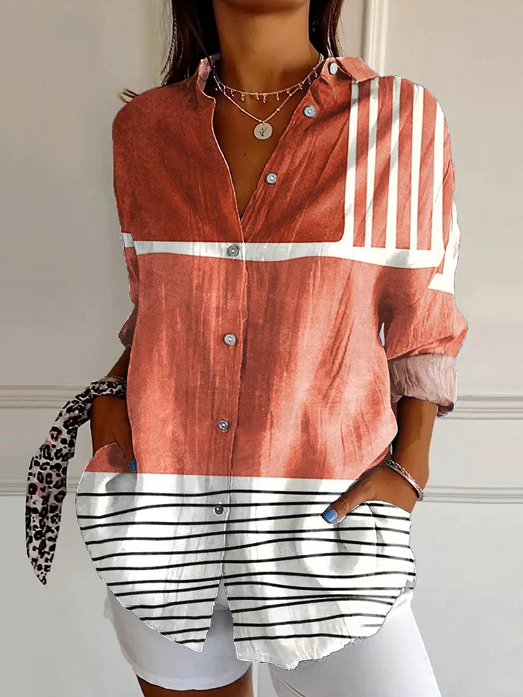 Women's Abstract Geometric  Art Print Casual Cotton Shirt