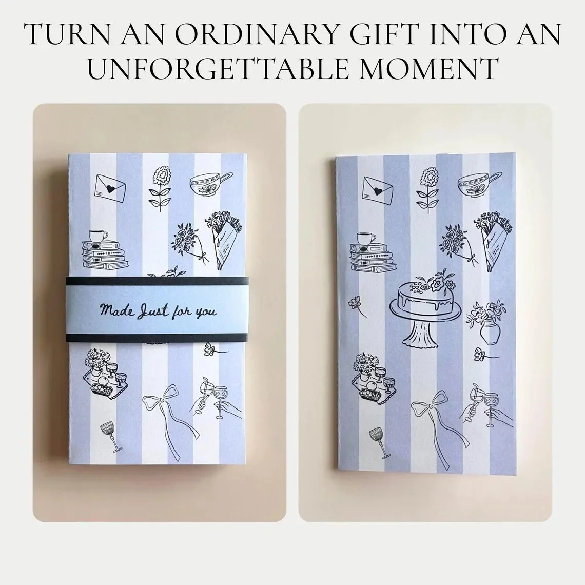 Blue handmade gift card holder book with striped cover and doodle illustrations of flowers, books, cake, and bows. Front band reads โMade Just for You.โ Unique birthday card alternative, perfect for son, boyfriend, coworker, or college survival kit gift, turning a simple gift card into a memorable keepsake.
