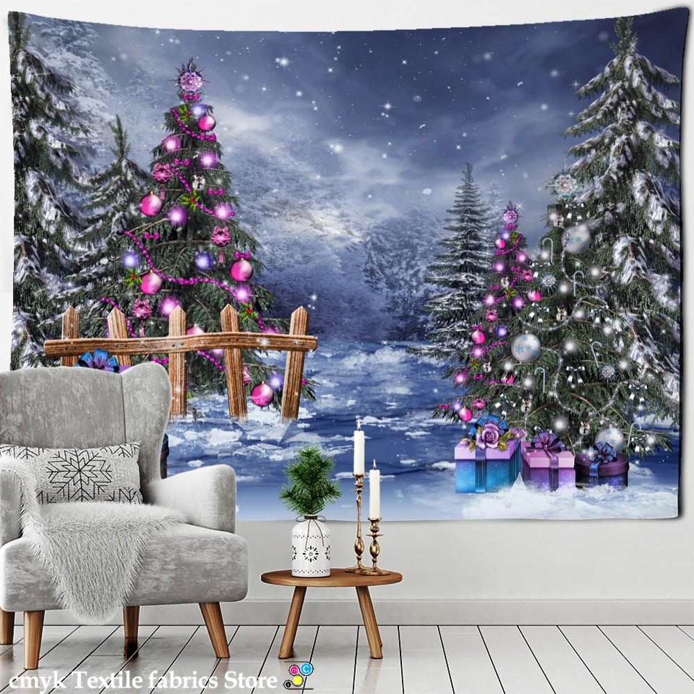Christmas Tree Snowman Tapestry Wall Hanging Natural Snow Scene Cartoon Oil Painting Aesthetics Room Hippie Home Decor