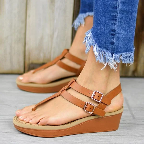 Adjustable Buckle T-Strap Wedge Sandals