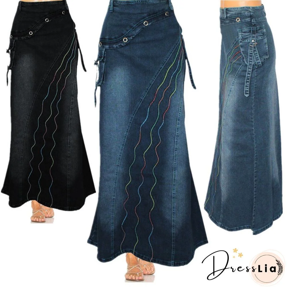 Women Fashion Casaul Stretch Cargo Denim Skirt Bell Skirt Floor Length Washed Denim Jeans Skirt Plus Size