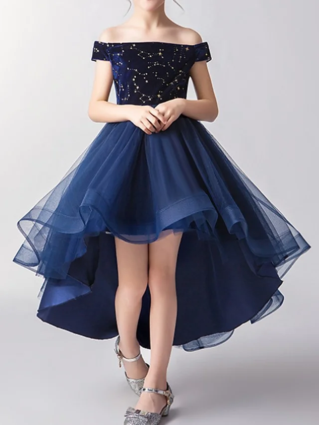 Bellasprom Short Sleeve Off Shoulder A-Line Flower Girl Dress Tulle With Print