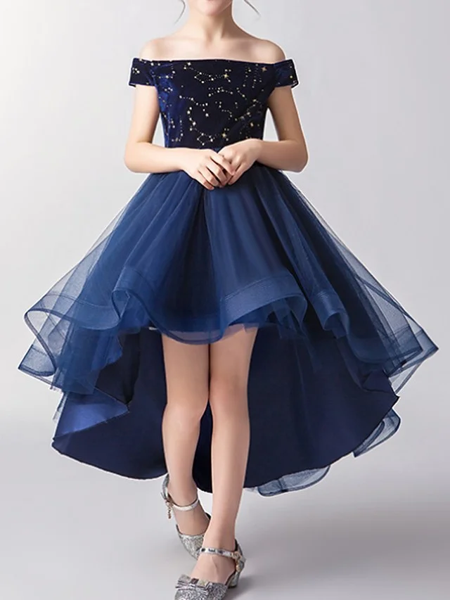 Hellodresses Short Sleeve Off Shoulder A-Line Flower Girl Dress Tulle With Print