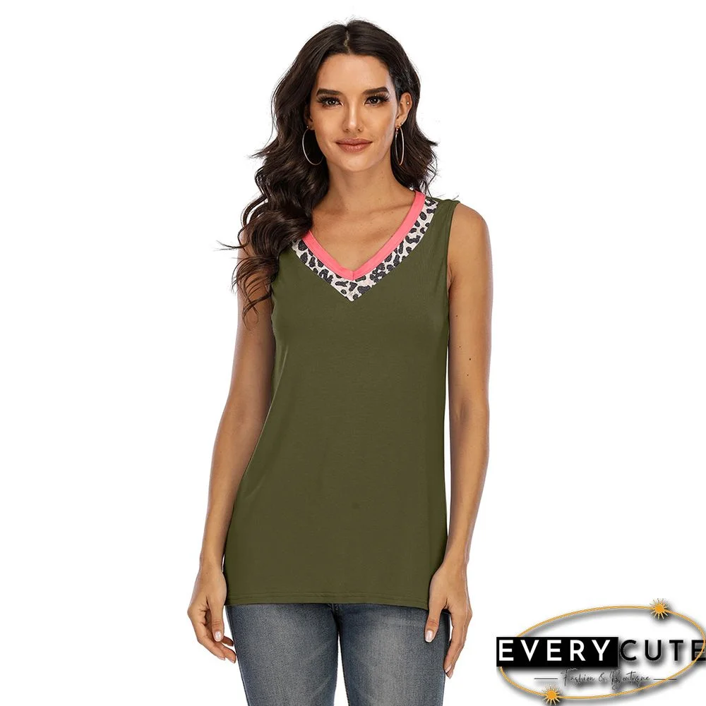 Army Green Splice Leopard V Neck Tank Tops