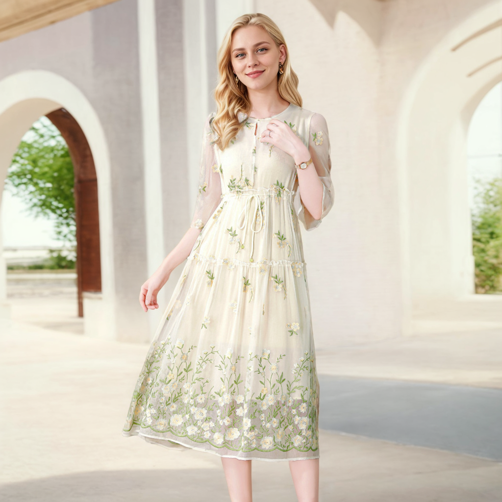 Women's Silk Dress Flower Embroidered Summer Style REAL SILK LIFE