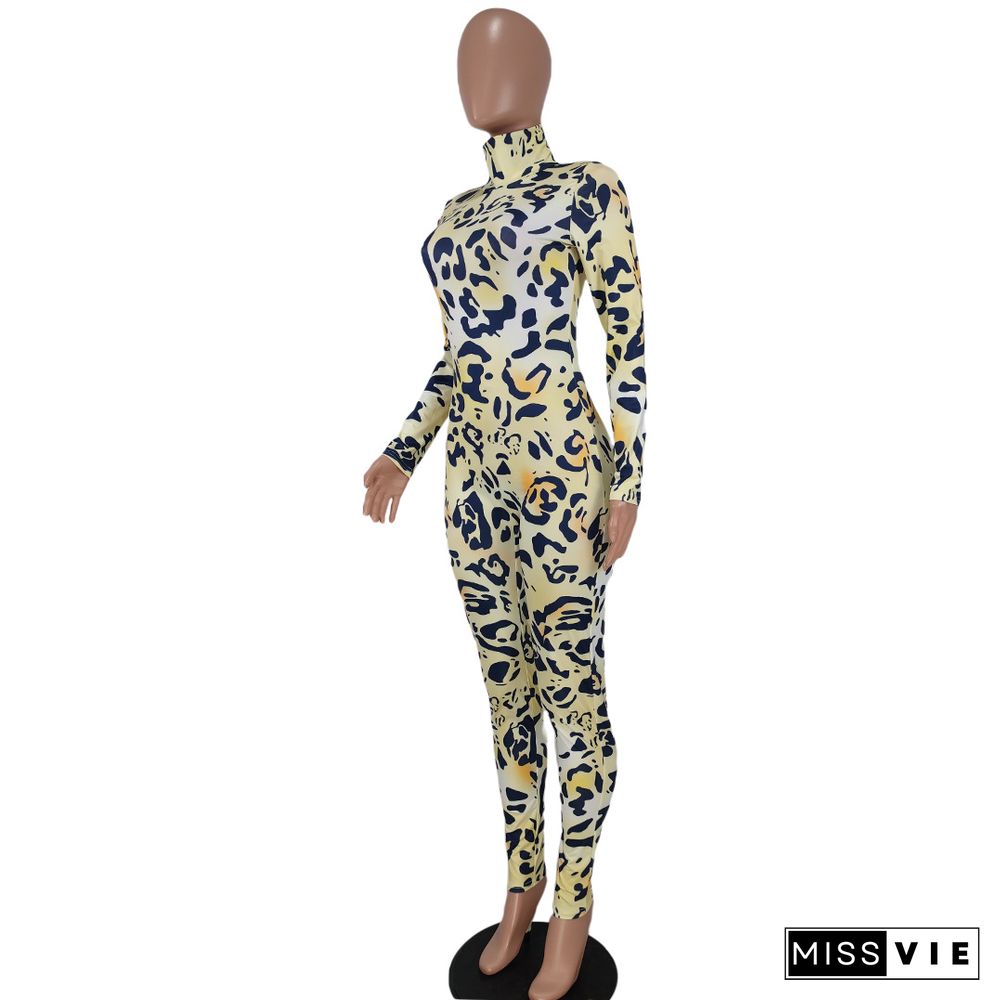 Leopard Print Turtleneck Long Sleeve Skinny Jumpsuit