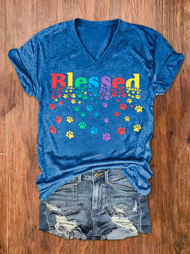 Women's Colorful Blessed Paws Dog Lover Casual Cotton-Blend Loose Dog Casual T-Shirt socialshop