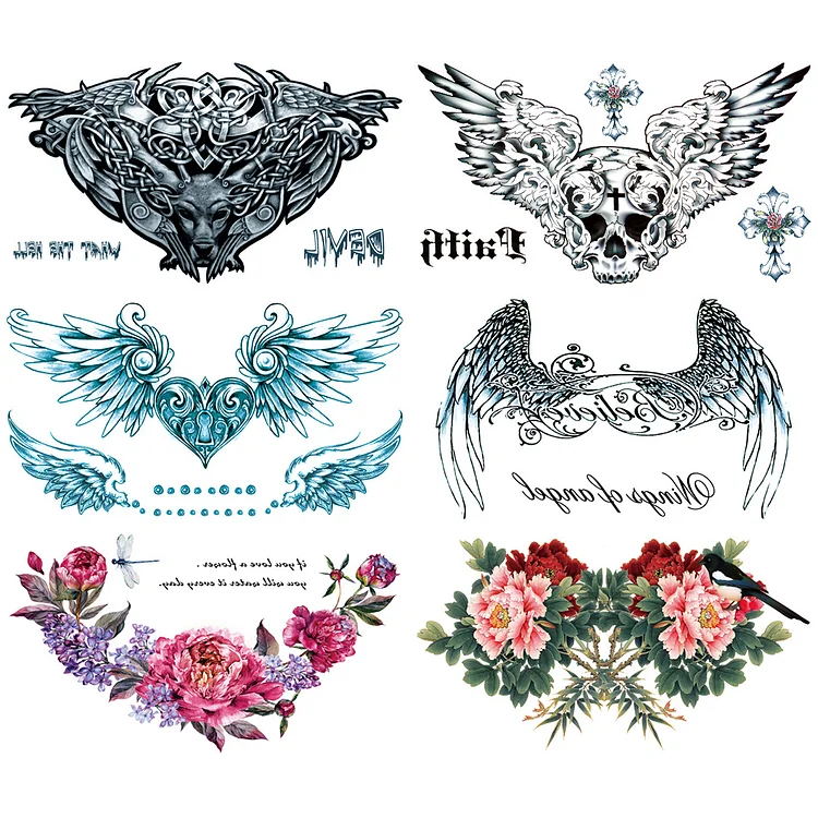6 Sheet Flower Skull Wing Waist Chest Extra Large Temporary Tattoos