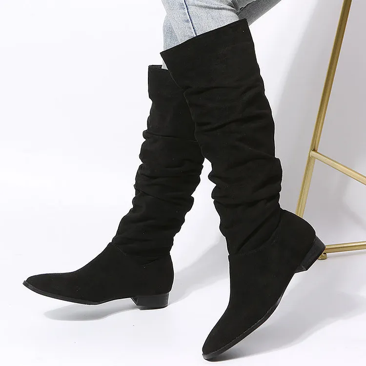 Women's Knee High Boots with Pointed Toe and Flat Sole
