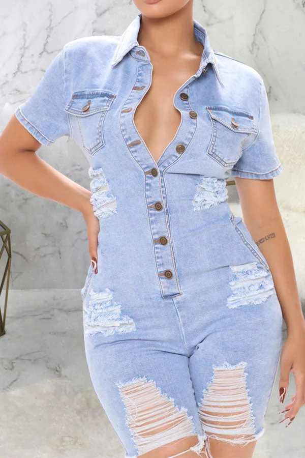 Ripped On-trend Button Thru Denim Romper