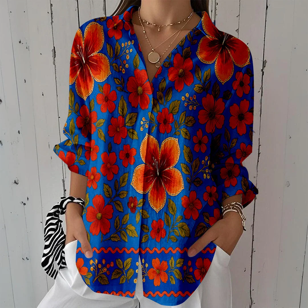 Style & Comfort for Mature Women Women Floral, Blue, Red DZCL0085 3/4 Sleeve Shirt Collar Printed Button Tops