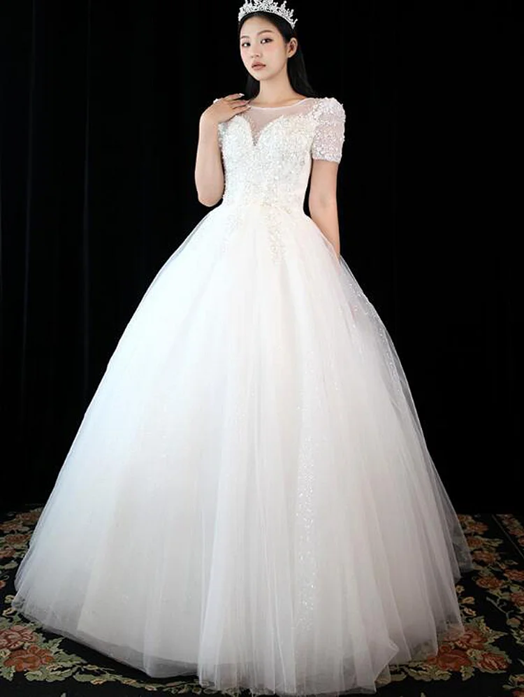 Princess Ball Gown Tulle Wedding Dress Short Sleeve Sequins Sparkly Bridal Gowns