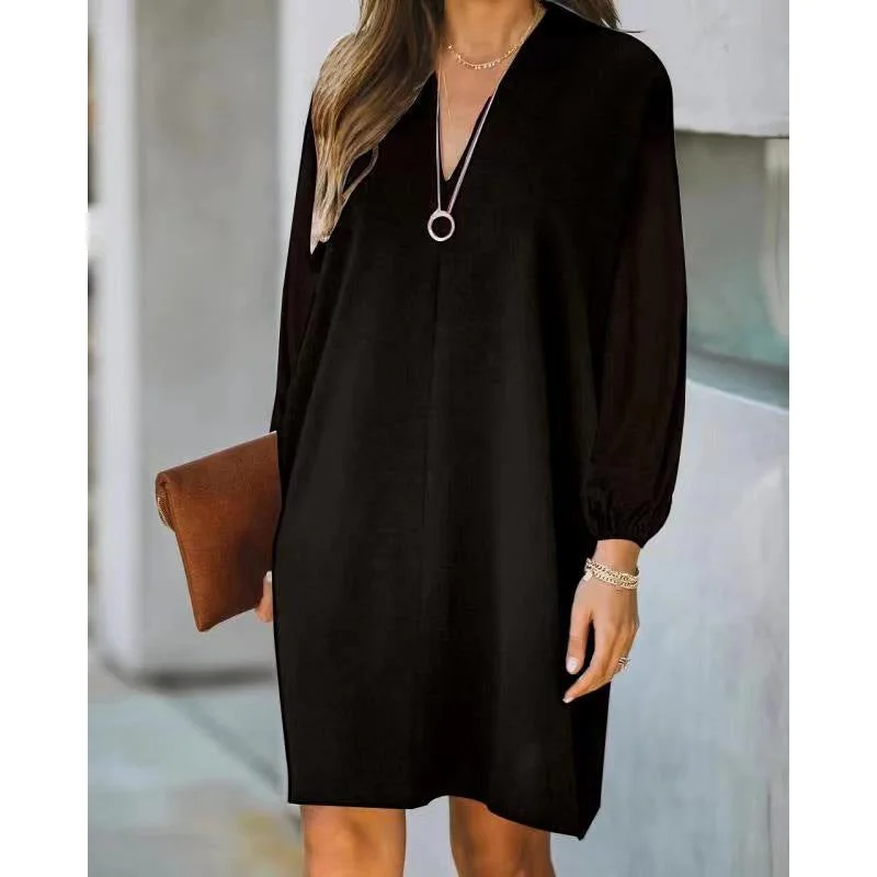 Women's V-neck Long-sleeved Solid Color Loose Dress