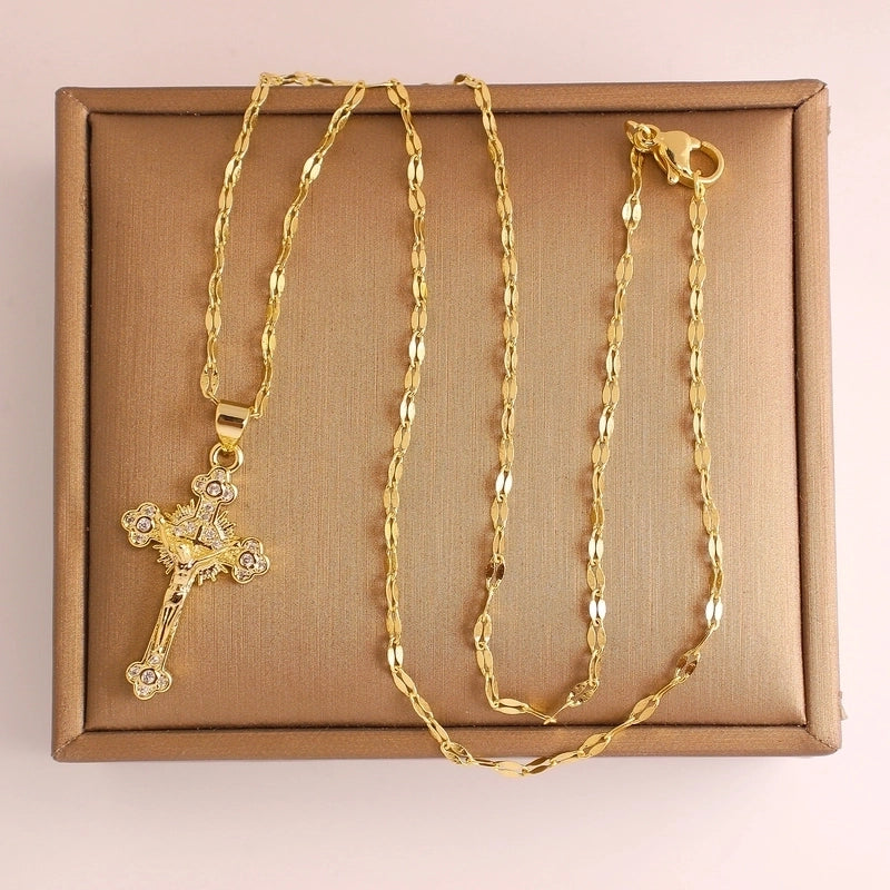 Vintage Style Religion Cross Jesus Copper Zircon 14K Gold Plated Plating Pendant Necklace