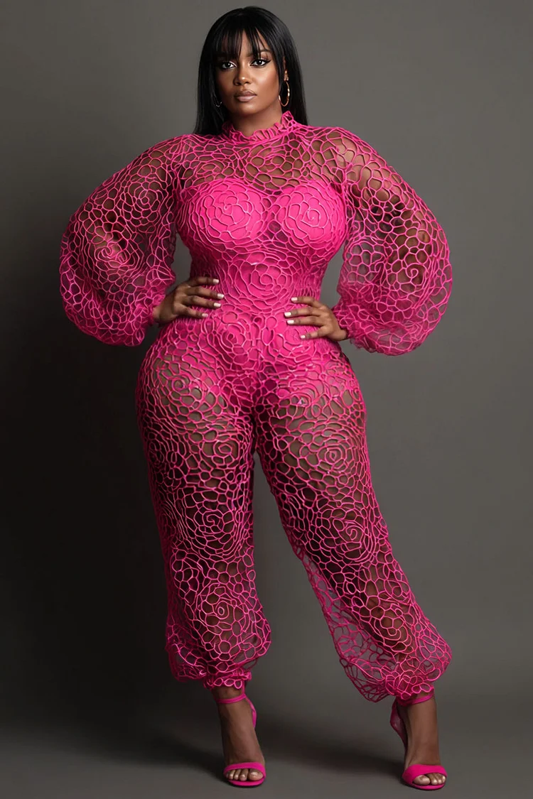 Xpluswear Design Plus Size Valentines Hot Pink Round Neck Long Sleeve Cut Out Jumpsuits 2024 - Xpluswear