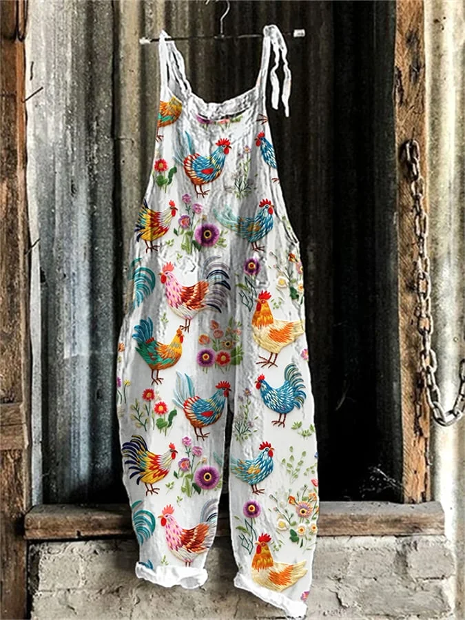 Women's Farm Chicken And Floral Embroidered Print Casual Linen Blend Jumpsuit