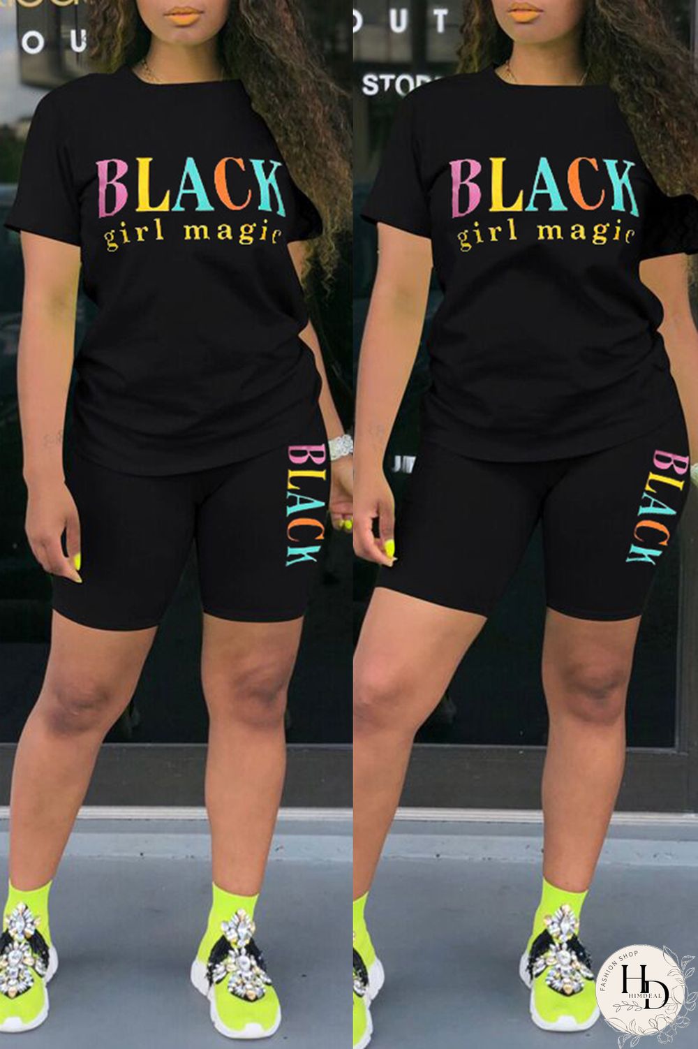 Black Fashion Casual Letter Print Basic O Neck Short Sleeve Two Pieces